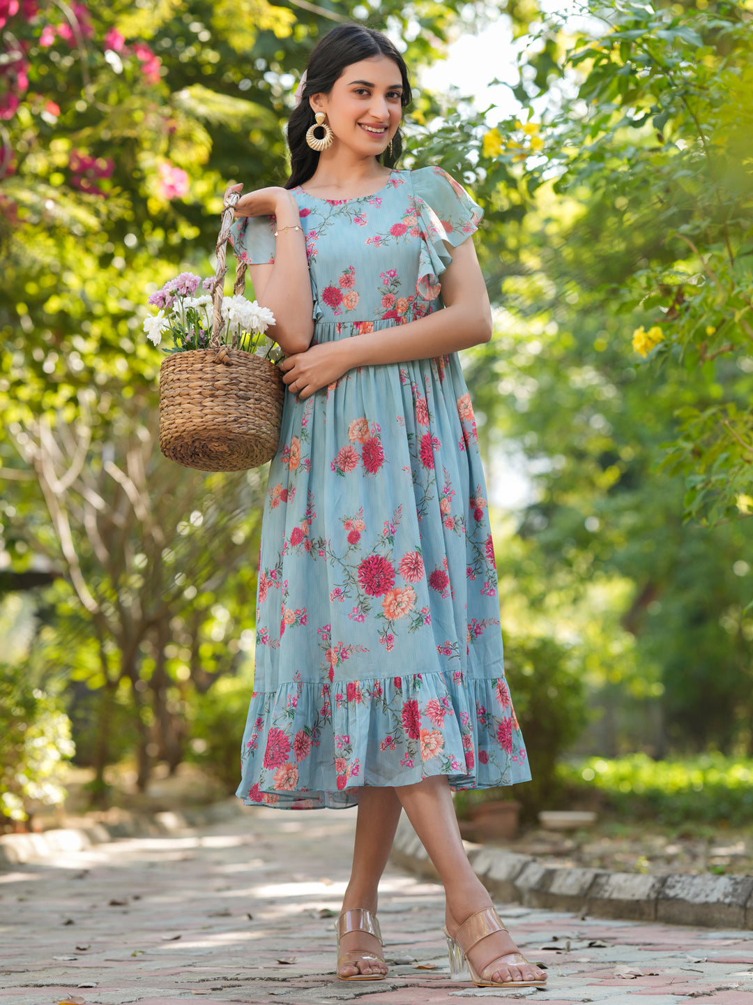 Naari By Shree Light Blue Georgette Floral Printed Tiered Dress