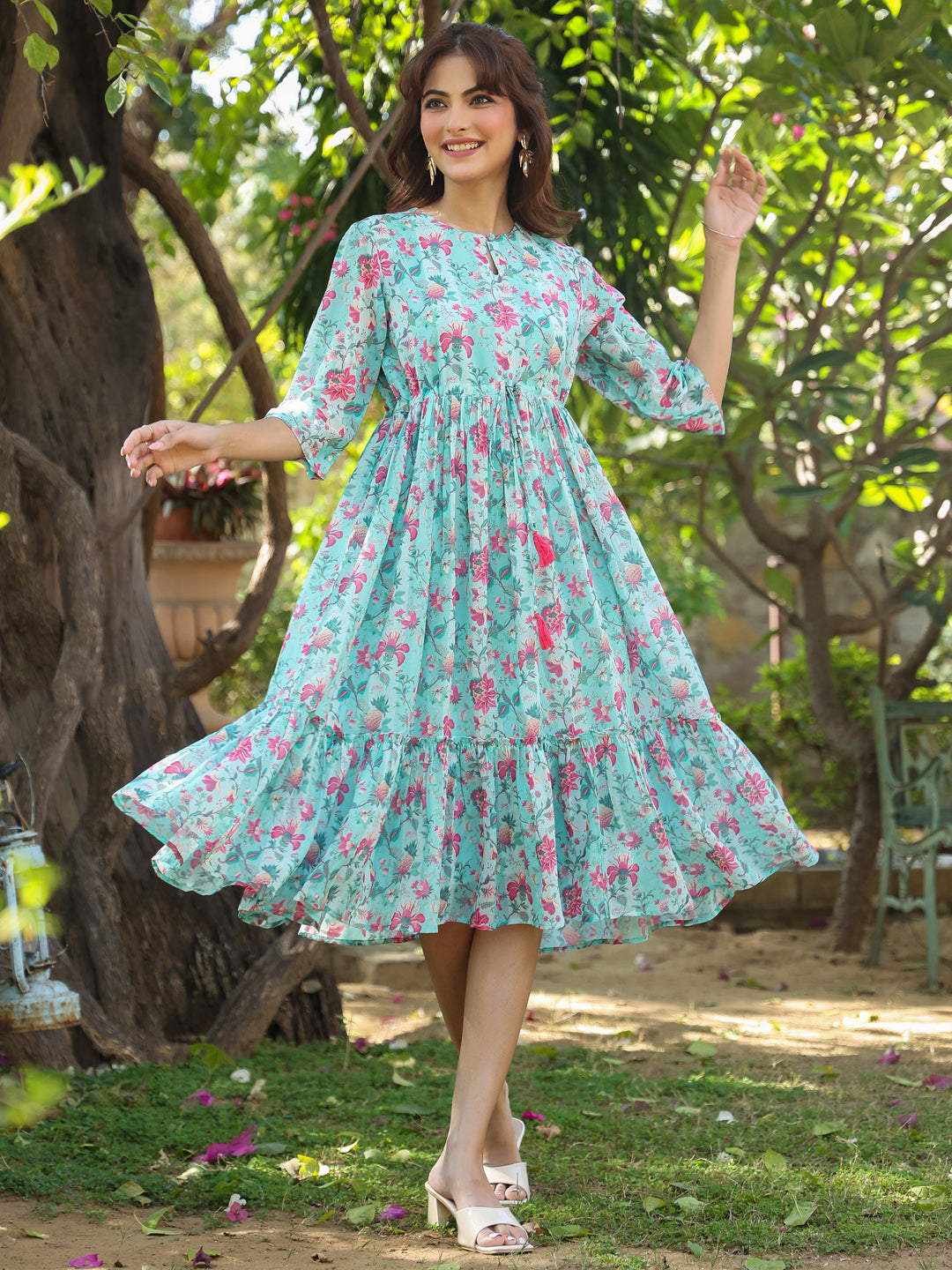 Naari By Shree Turquoise Georgette Floral Printed Tiered Dress