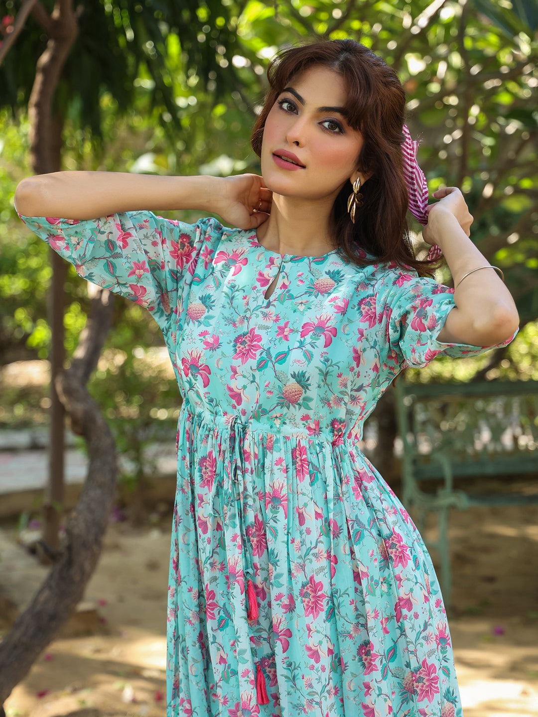 Naari By Shree Turquoise Georgette Floral Printed Tiered Dress