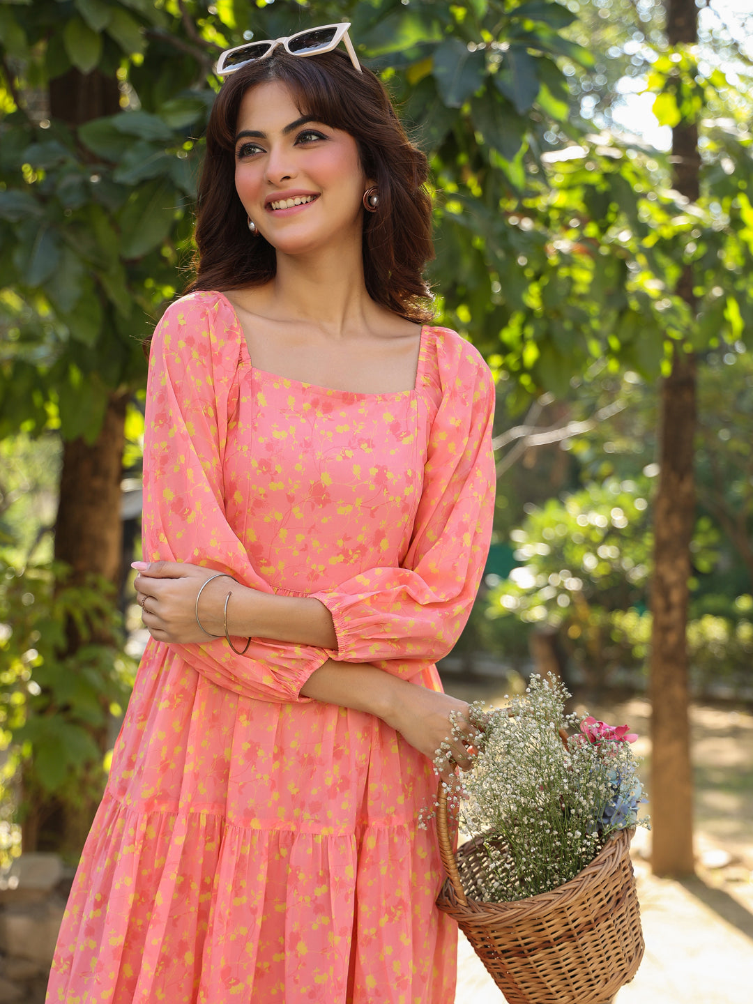 Naari By Shree Peach Georgette Floral Printed Tiered Dress