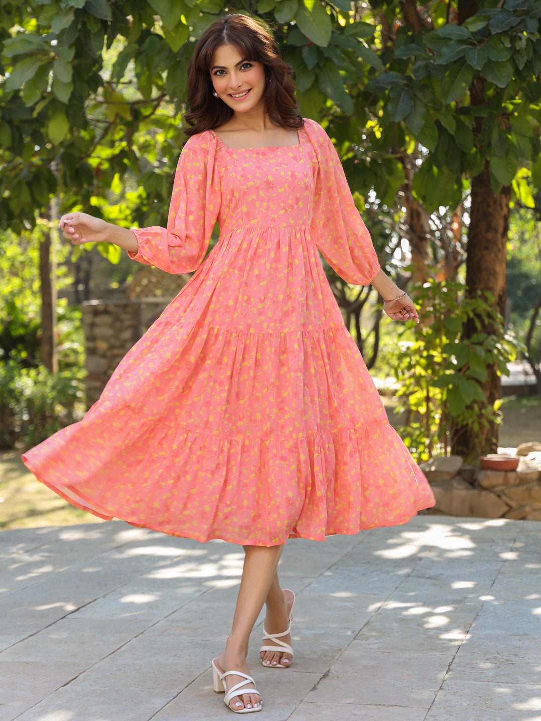 Naari By Shree Peach Georgette Floral Printed Tiered Dress