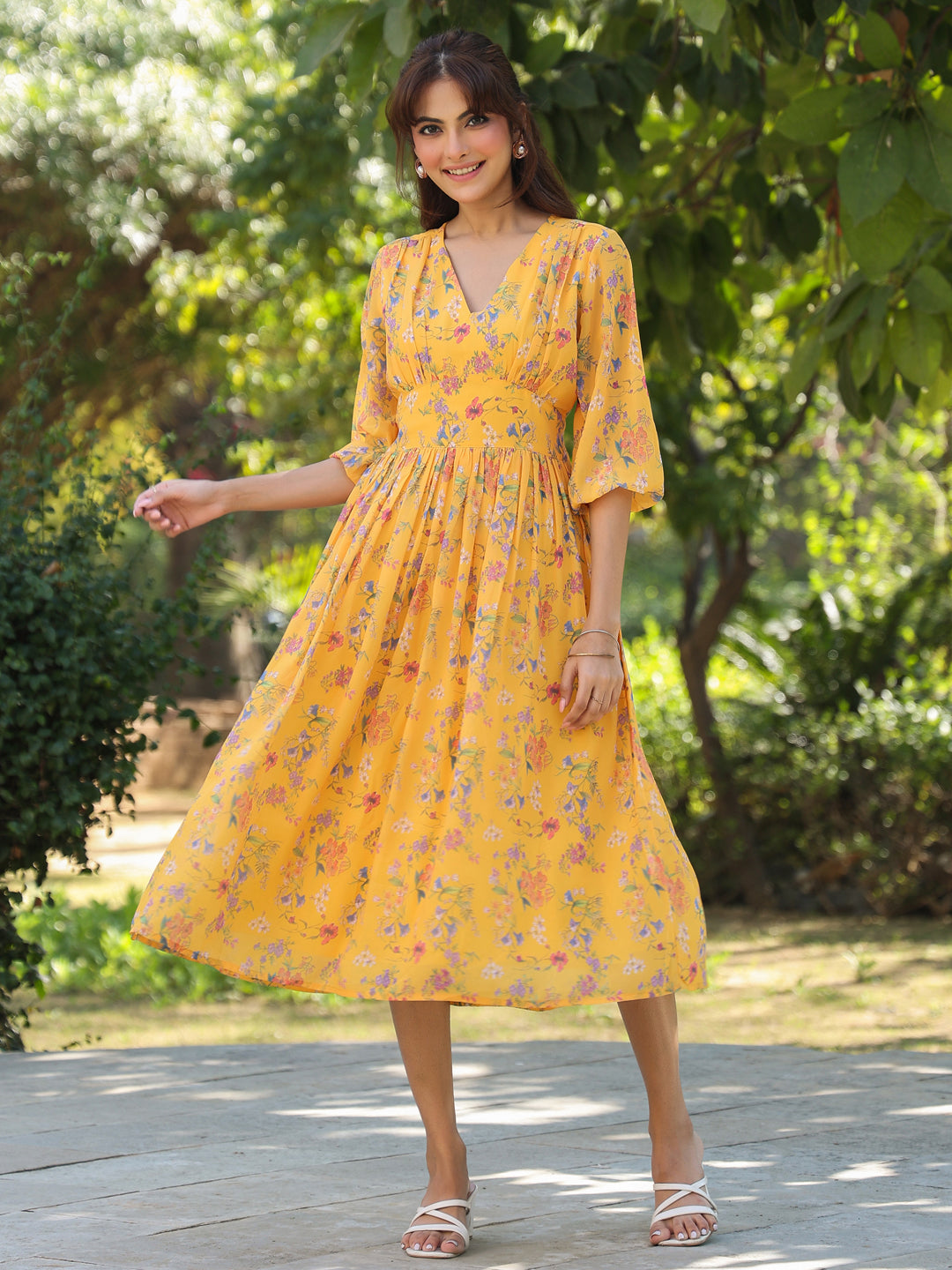 Naari By Shree Mustard Georgette Floral Printed Gathered Dress