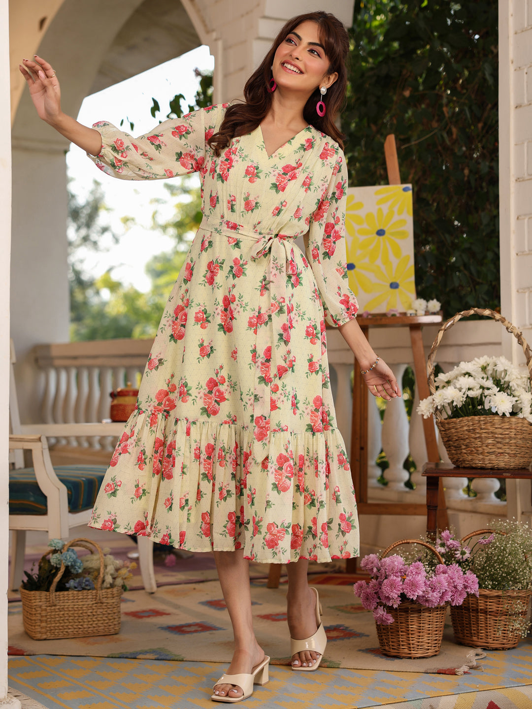 Naari By Shree Light Yellow Georgette Floral Printed Fit & Flare Dress