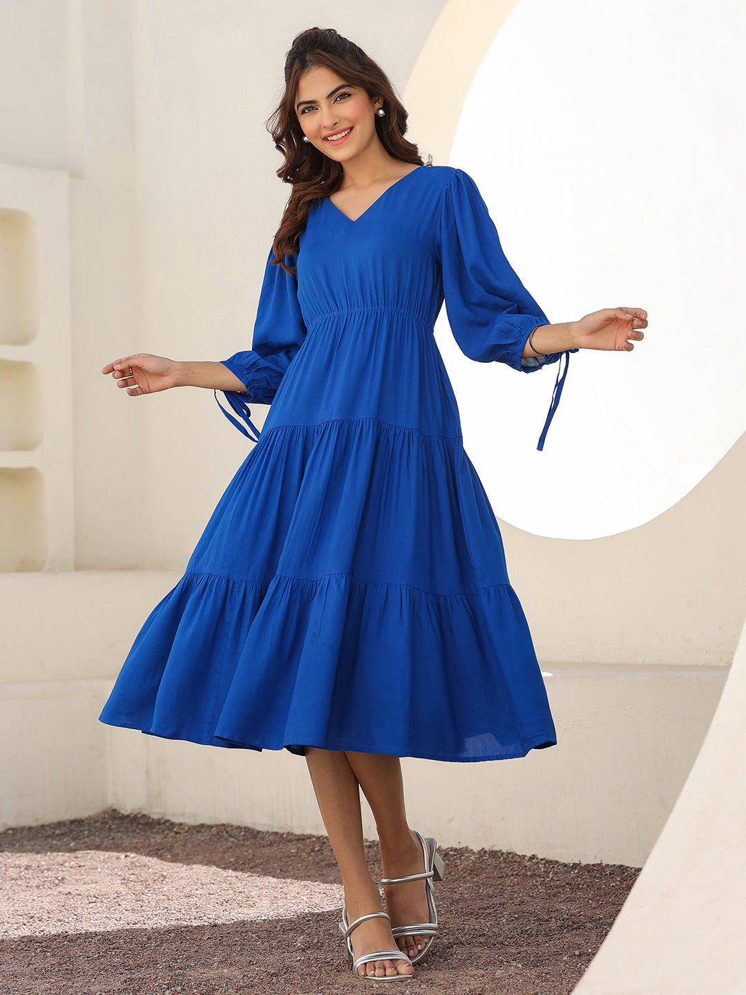Naari By Shree Royal Blue Rayon Solid Tiered Dress