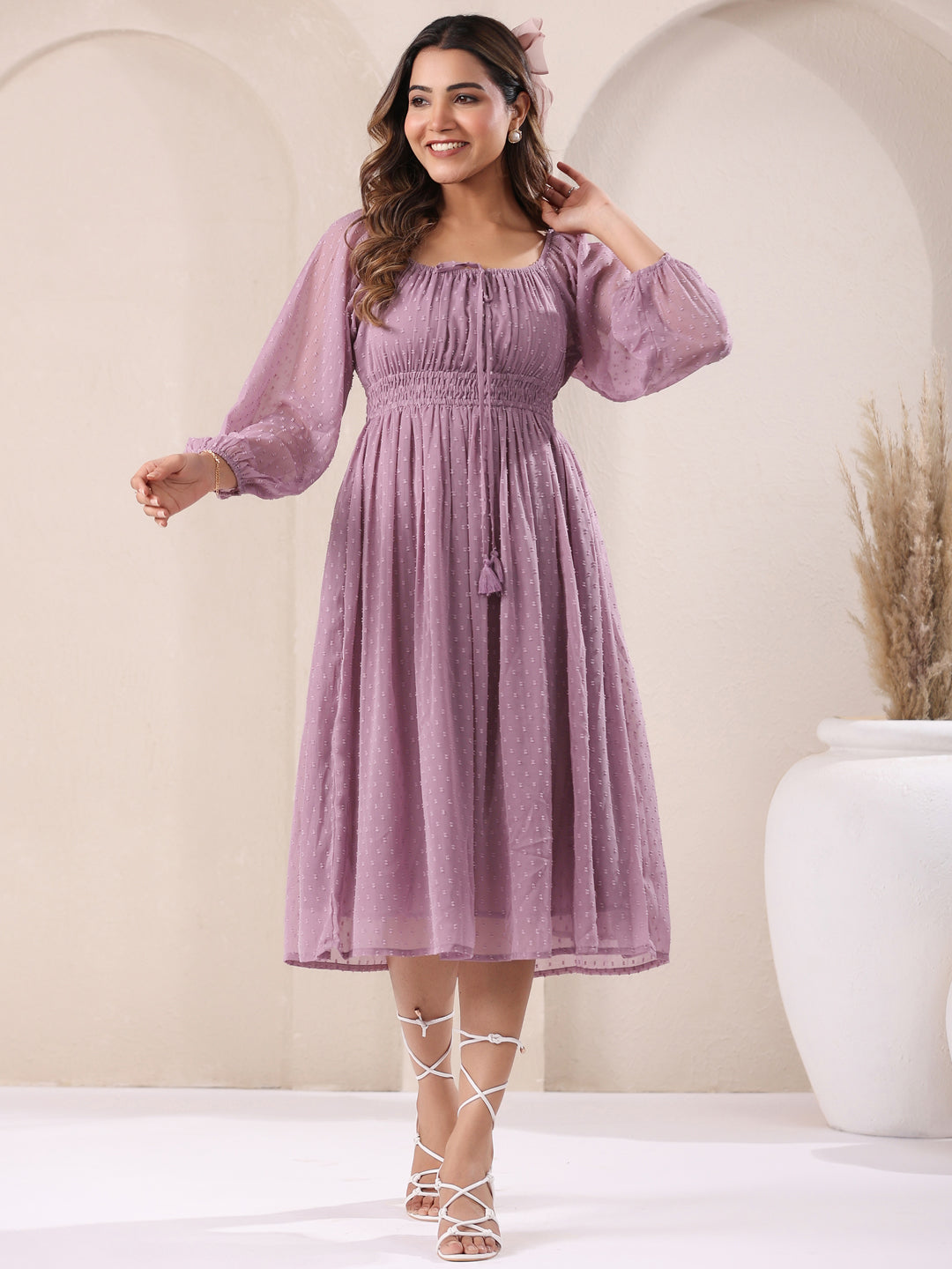 Naari By Shree Lavender Dobby Chiffon Self Design Fit & Flare Dress