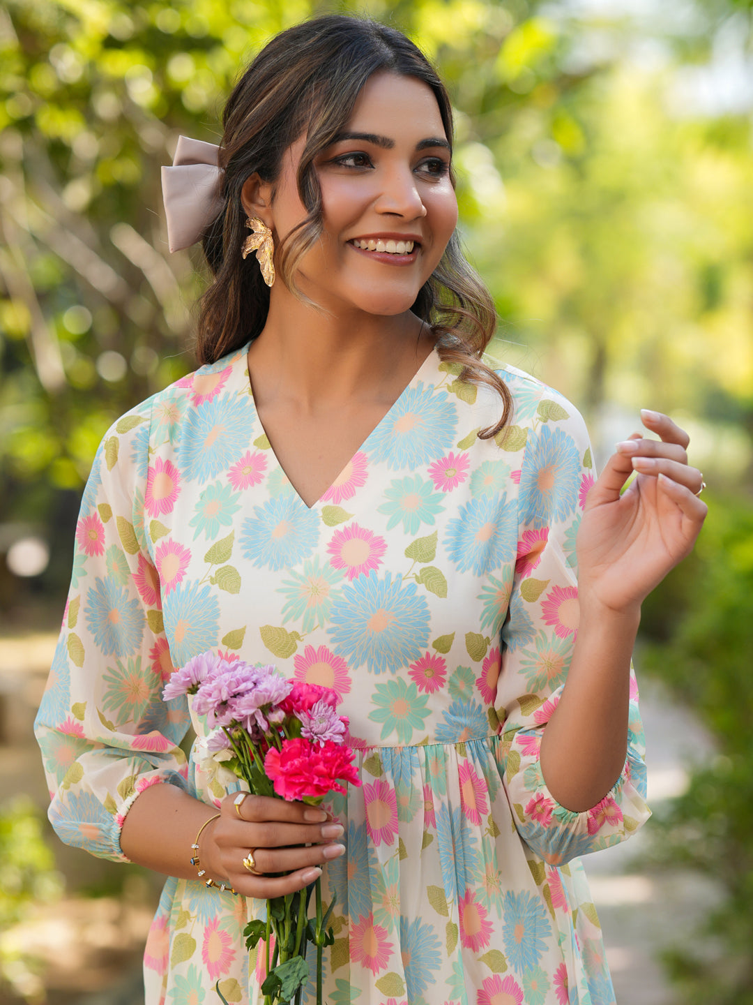 Naari By Shree Cream Georgette Floral Printed Tiered Dress