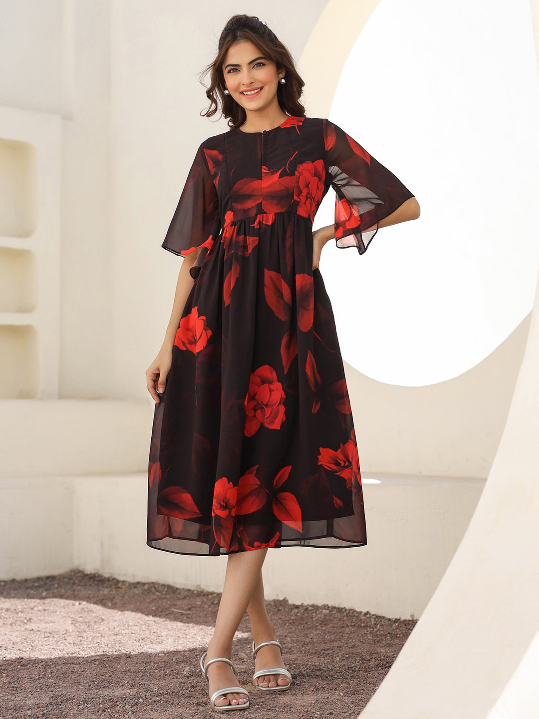 Naari By Shree Black Georgette Floral Printed A-line Dress