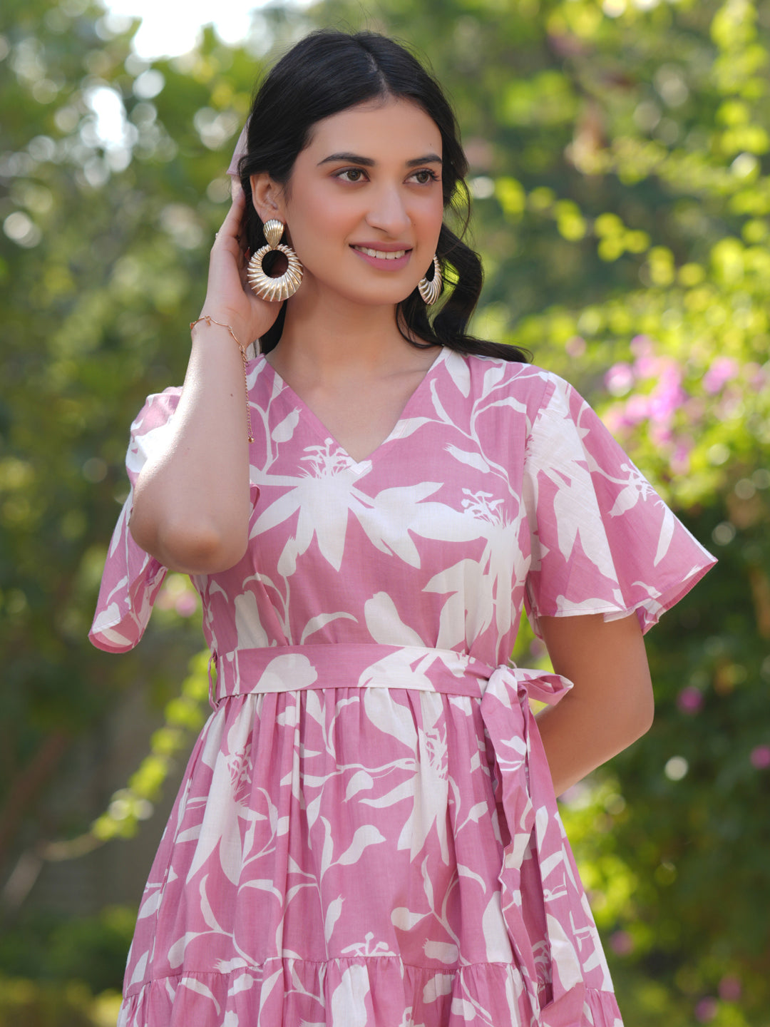 Naari By Shree Pink Pure Cotton Floral Printed Tiered Dress