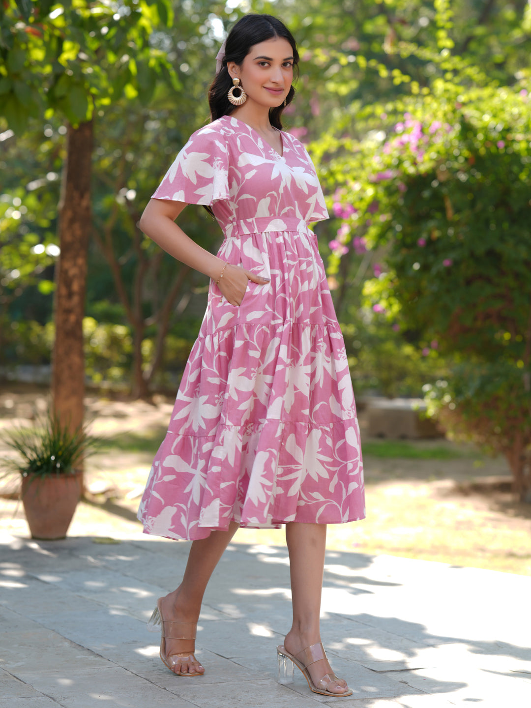 Naari By Shree Pink Pure Cotton Floral Printed Tiered Dress