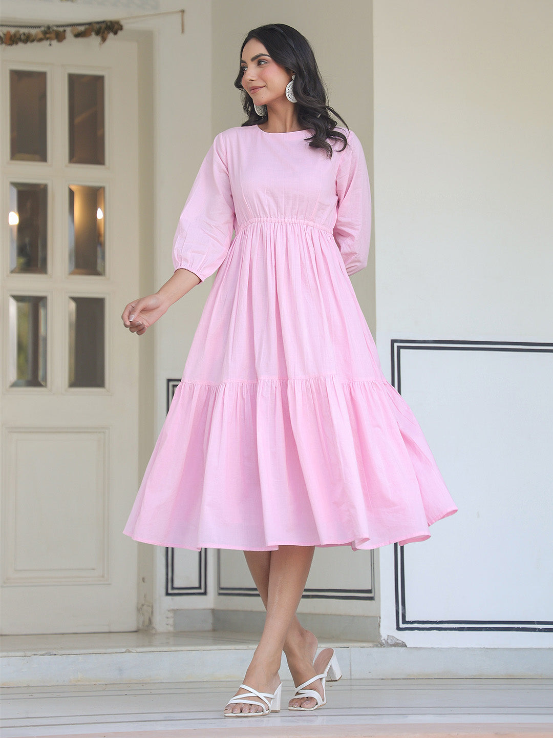 Naari By Shree Light Pink Pure Cotton Solid Tiered Dress