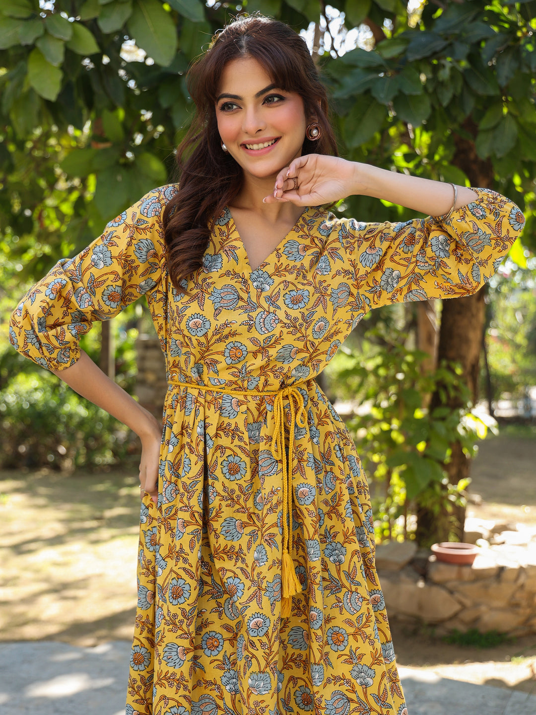 Naari By Shree Yellow Pure Cotton Floral Printed A-line Dress
