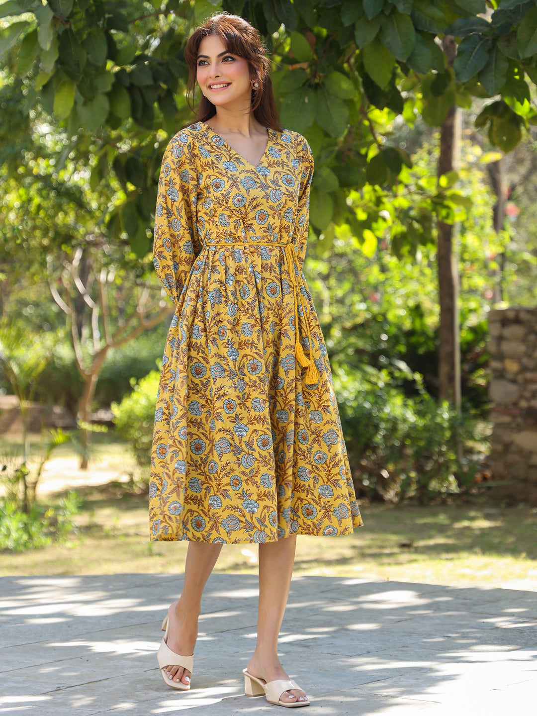 Naari By Shree Yellow Pure Cotton Floral Printed A-line Dress