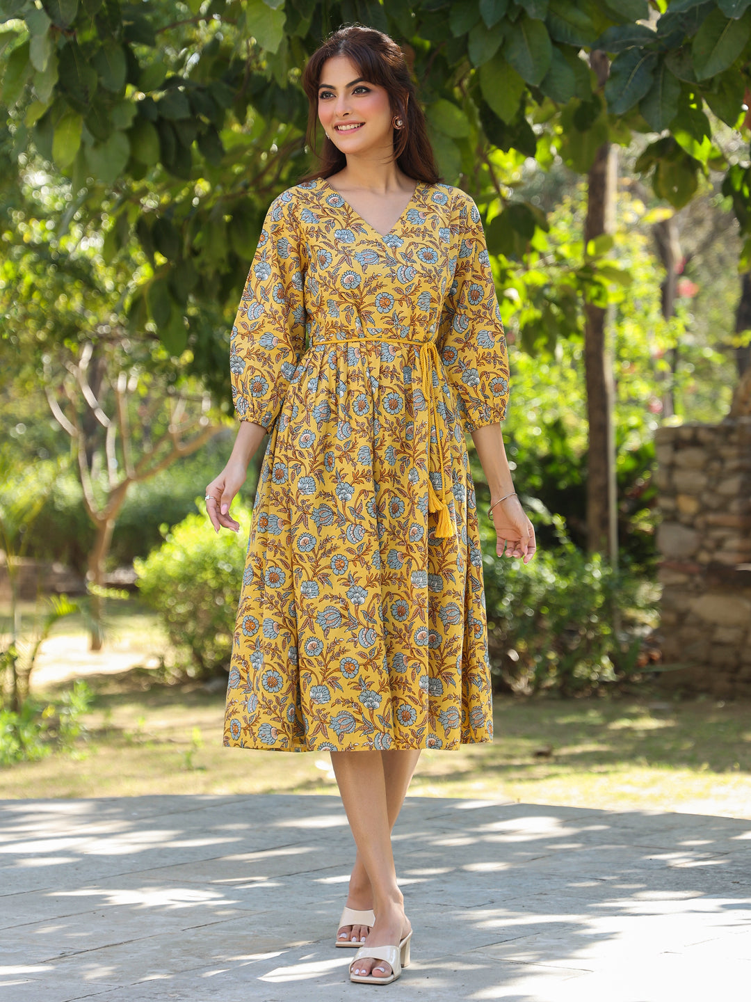 Naari By Shree Yellow Pure Cotton Floral Printed A-line Dress