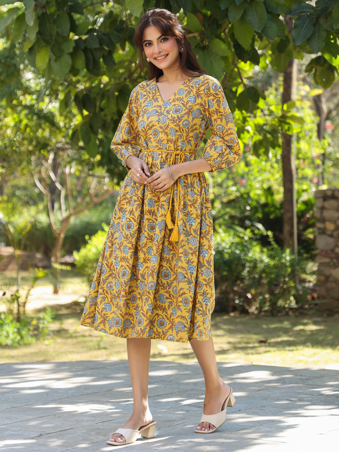 Naari By Shree Yellow Pure Cotton Floral Printed A-line Dress