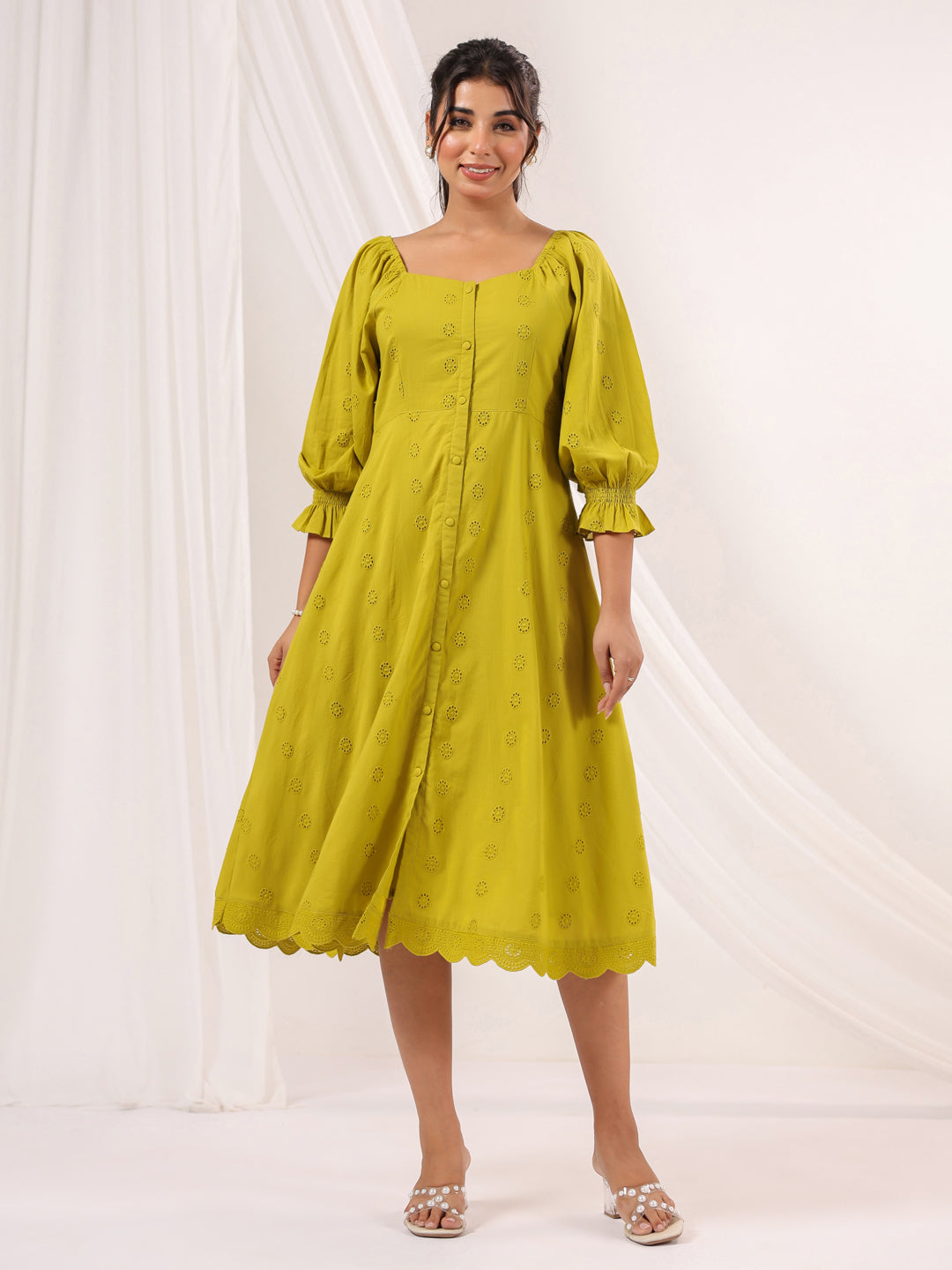 Naari By Shree Women's Lime Green Pure Cotton Schiffli A line Dress