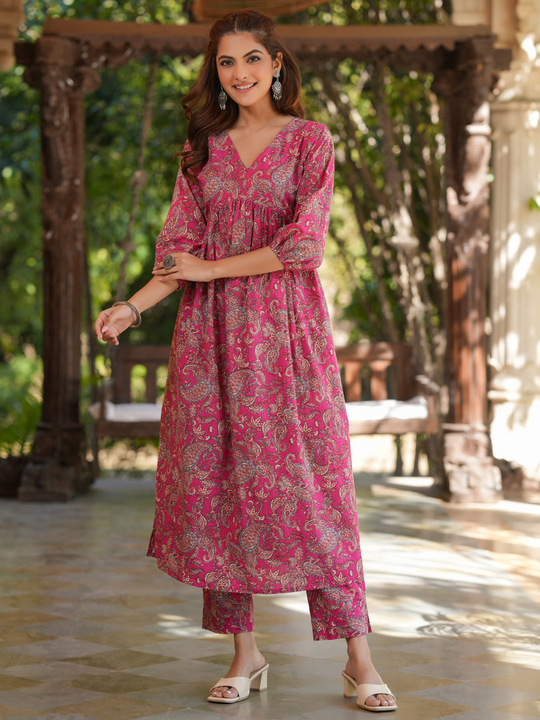 Naari By Shree Pink Pure Cotton Floral Printed A-Line Kurta Pant Set