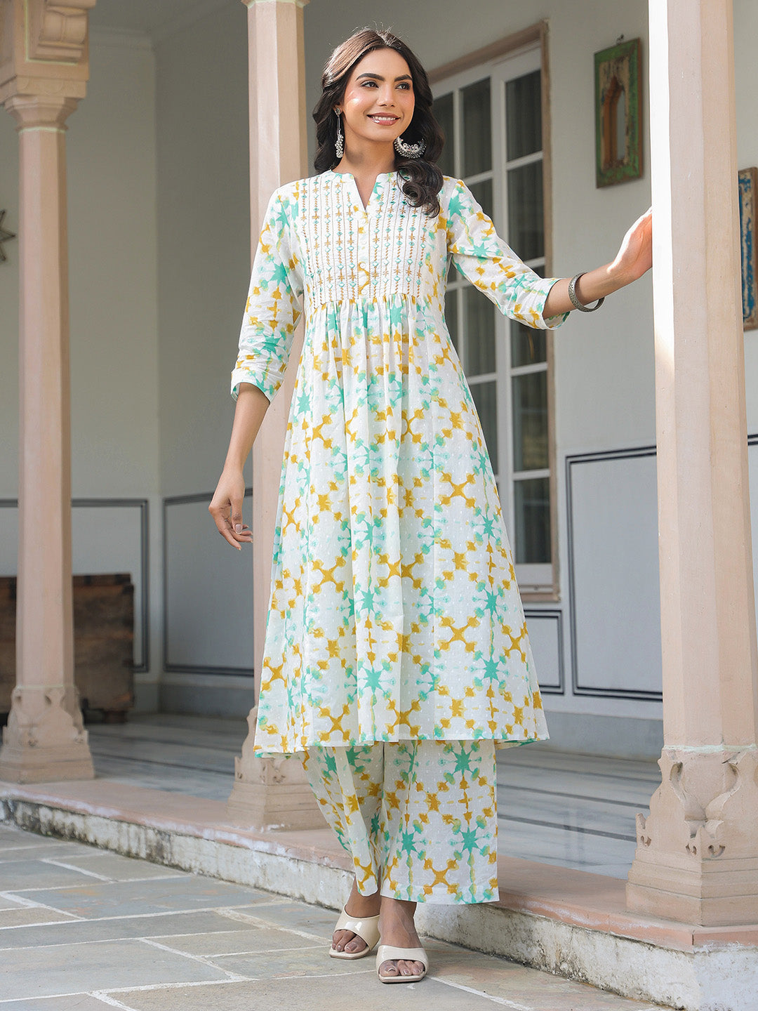 Naari By Shree White Pure Cotton Yoke Embroidered Abstract Printed A-line Kurta Pant Set