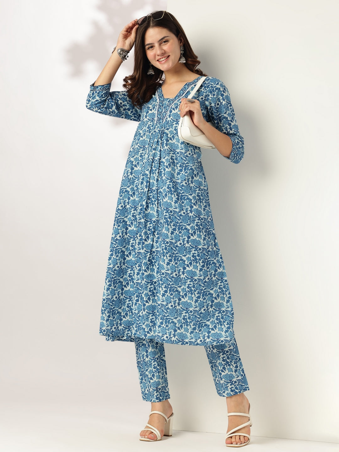 Naari By Shree Women's Indigo Pure Cotton Floral Printed A-line Kurta Pant Set