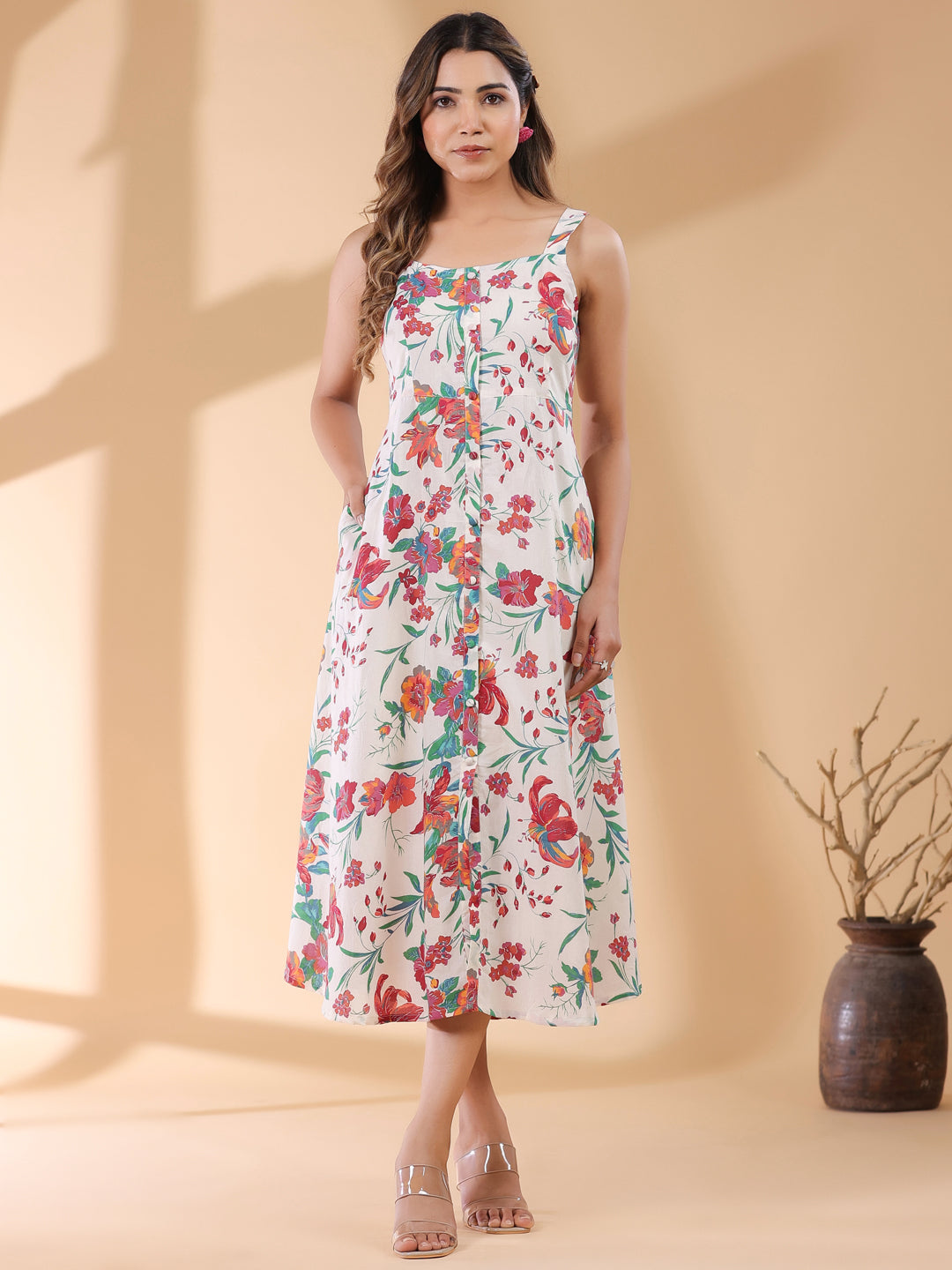 Naari By Shree Off White Pure Cotton Floral Printed A-line Dress