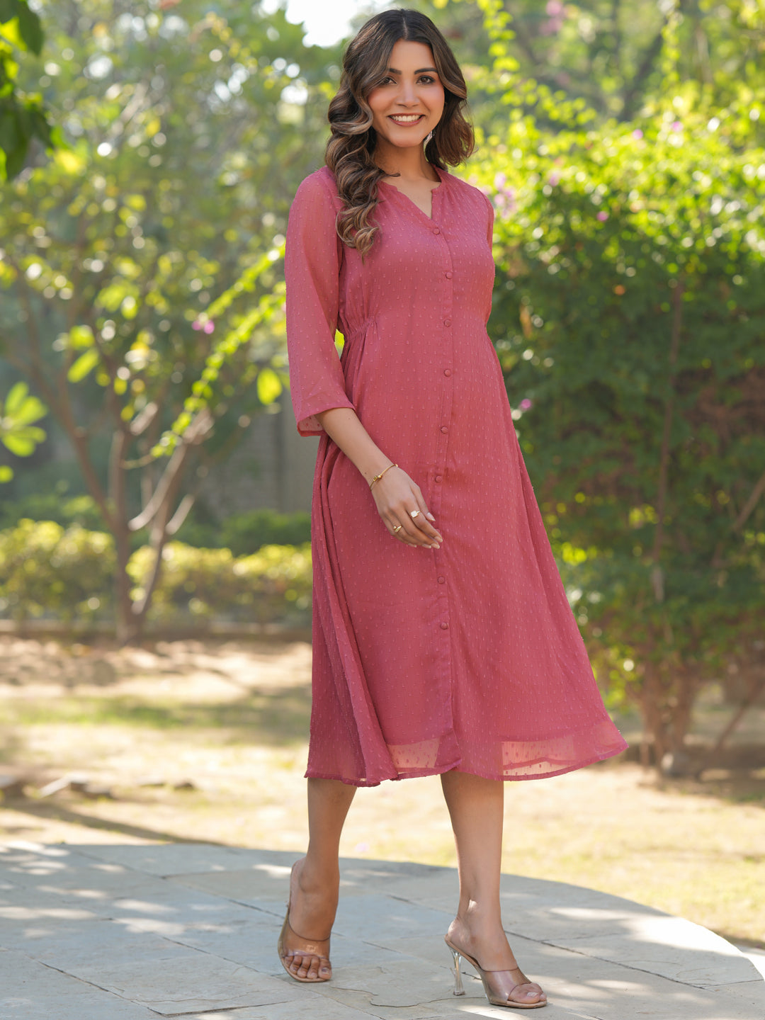 Naari By Shree Mauve Dobby Chiffon Self Design A-line Dress