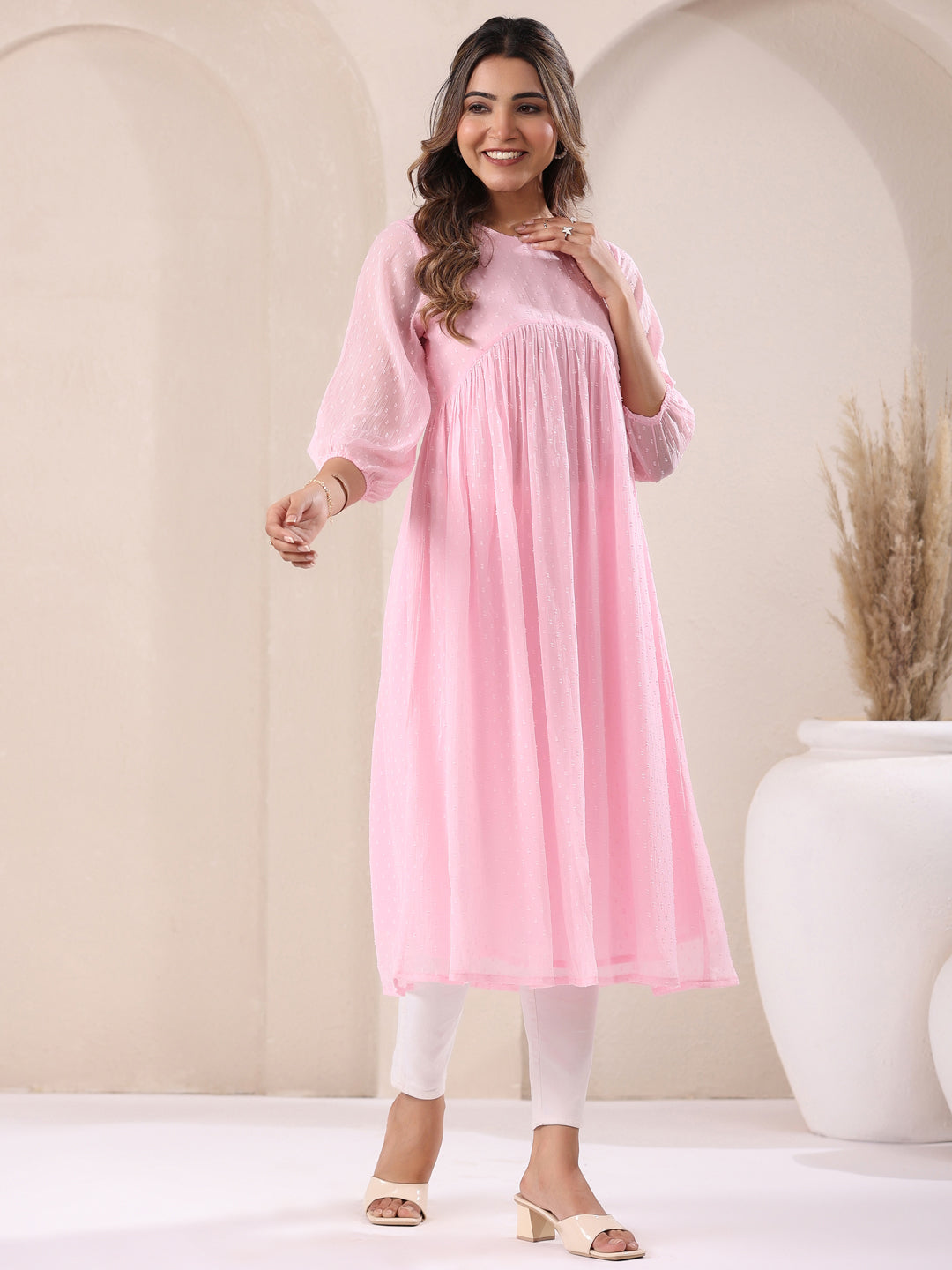 Naari By Shree Baby Pink Dobby Chiffon Self Design A-Line Kurta