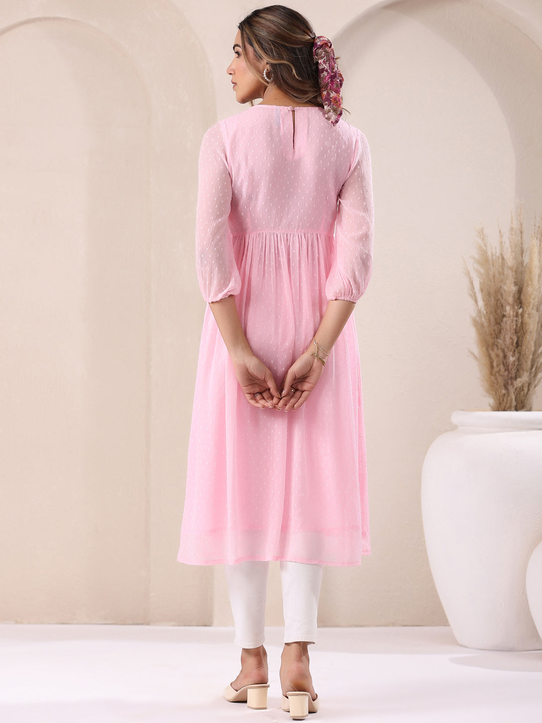 Naari By Shree Baby Pink Dobby Chiffon Self Design A-Line Kurta