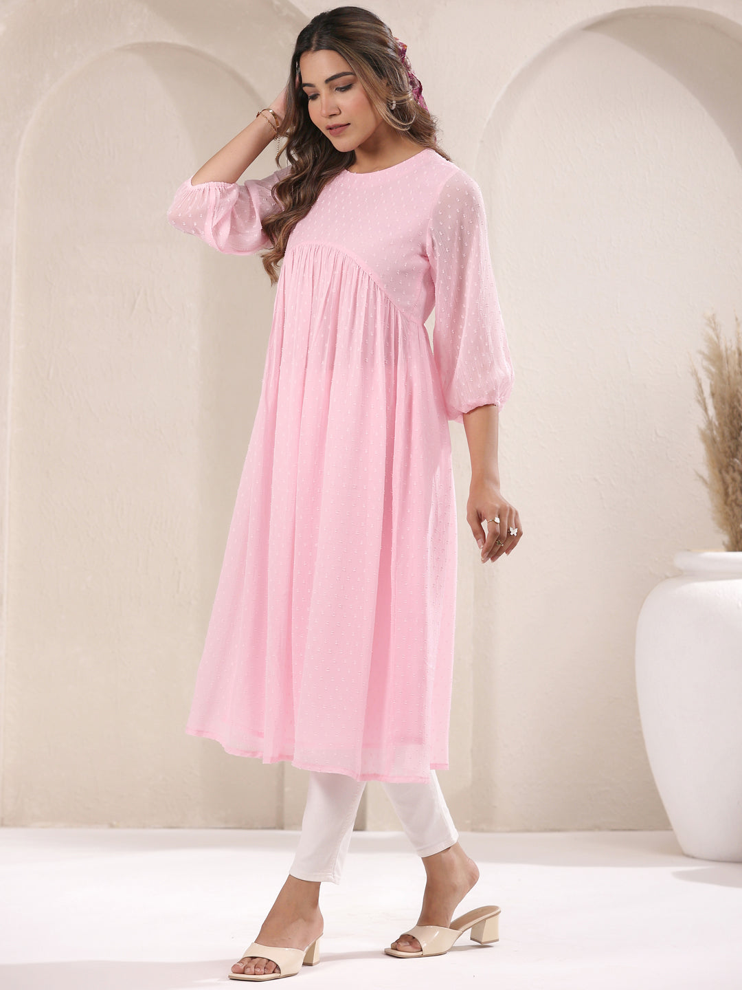 Naari By Shree Baby Pink Dobby Chiffon Self Design A-Line Kurta