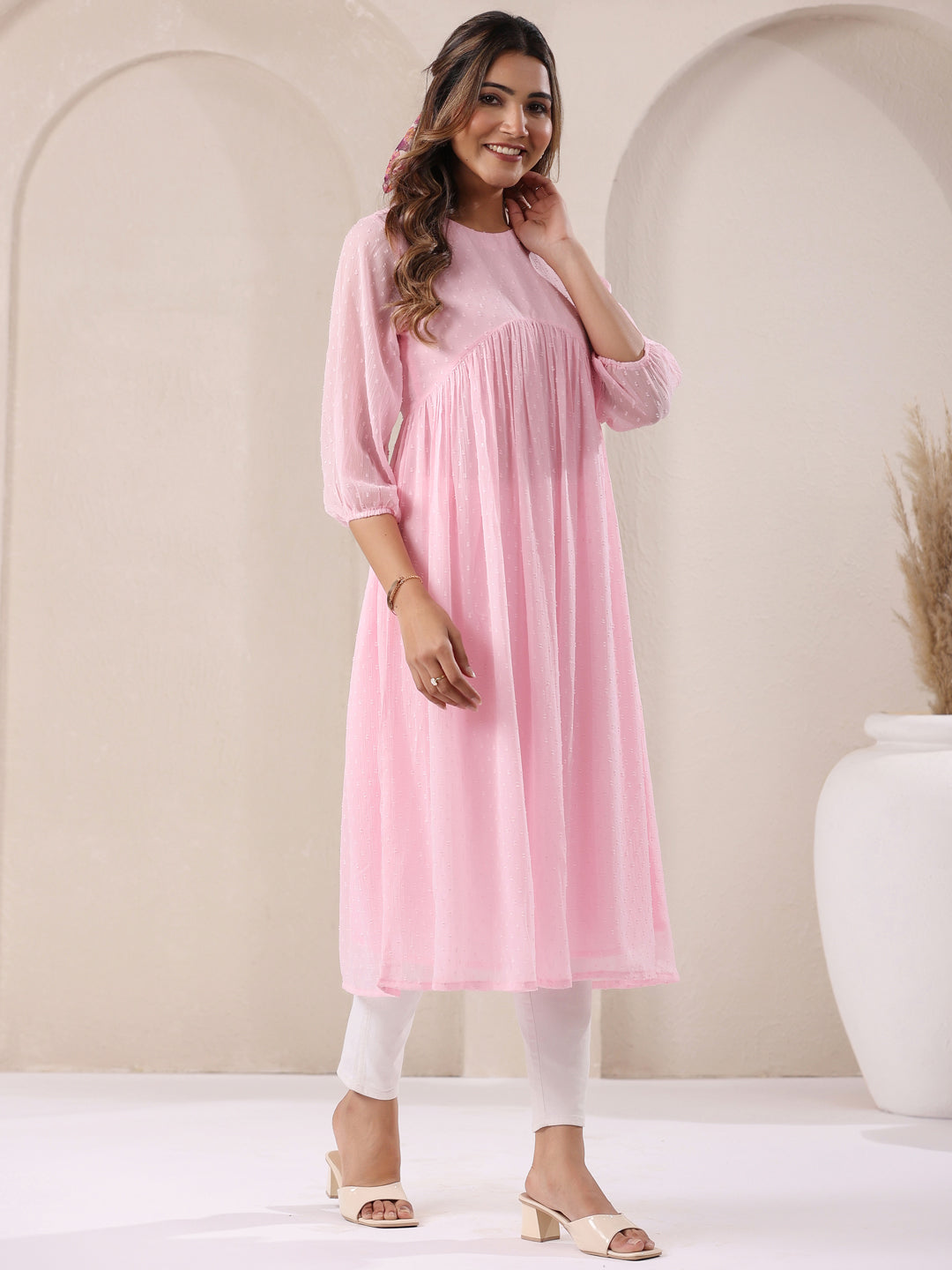 Naari By Shree Baby Pink Dobby Chiffon Self Design A-Line Kurta