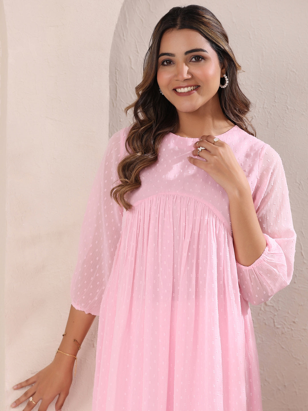 Naari By Shree Baby Pink Dobby Chiffon Self Design A-Line Kurta
