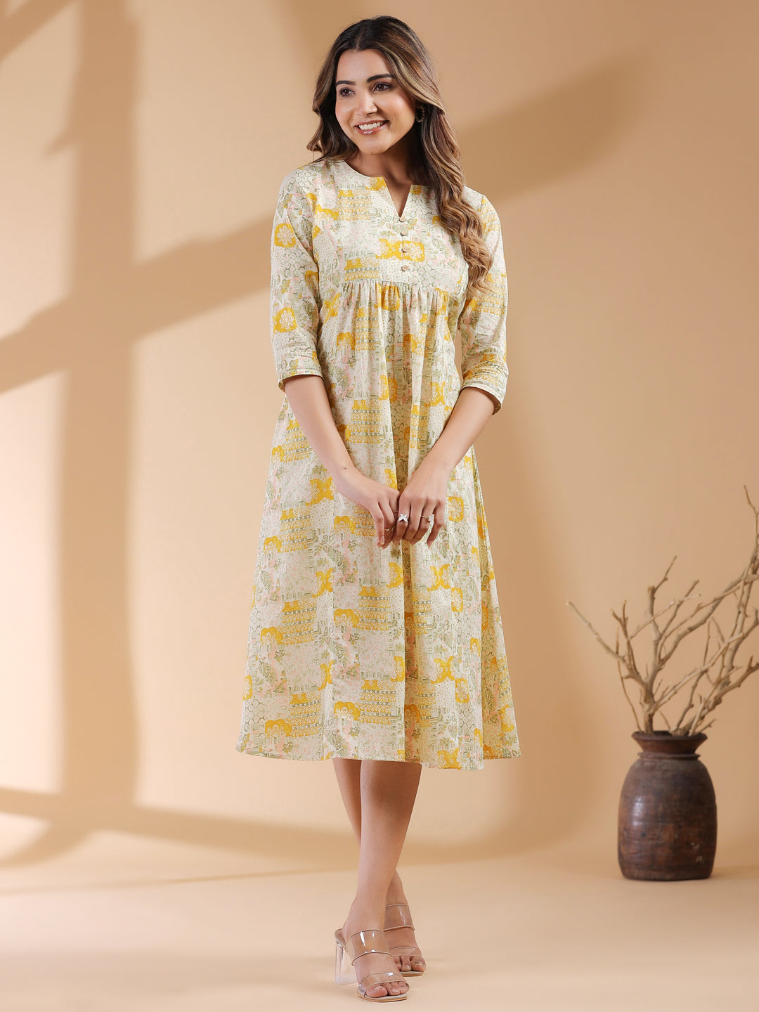 Naari By Shree Mustard Pure Cotton Ethnic Motifs Printed A-line Dress