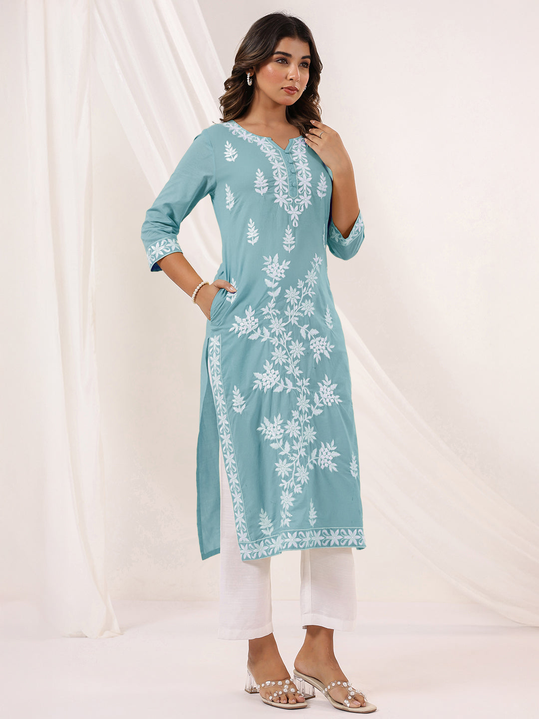 Naari By Shree Women's Light Blue Pure Cotton Embroidered Straight Kurta