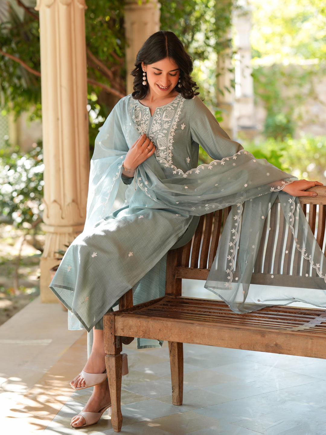 Naari By Shree Light Blue Silk Blend Embroidered Straight Kurta Set