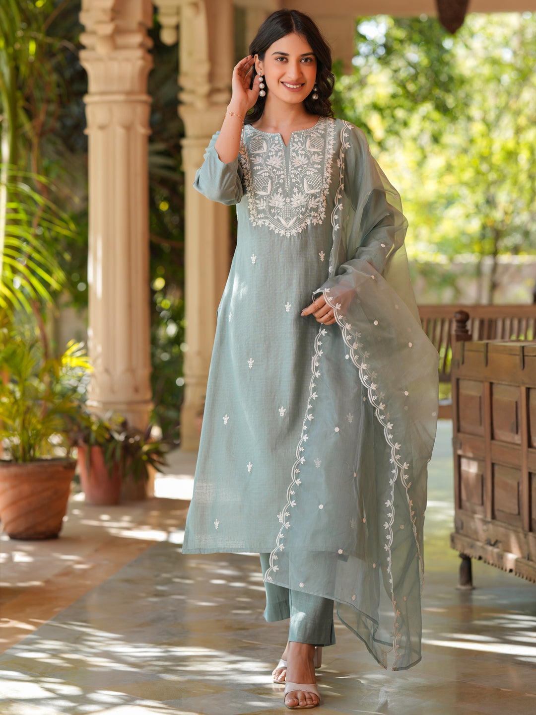 Naari By Shree Light Blue Silk Blend Embroidered Straight Kurta Set