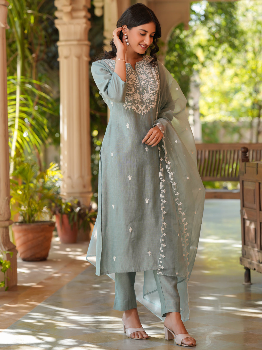 Naari By Shree Light Blue Silk Blend Embroidered Straight Kurta Set