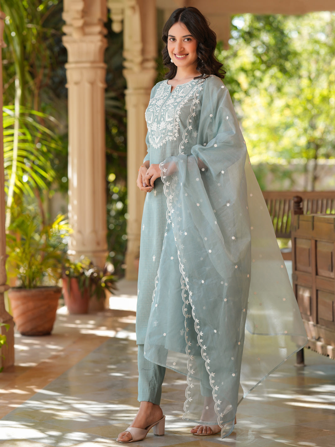 Naari By Shree Light Blue Silk Blend Embroidered Straight Kurta Set