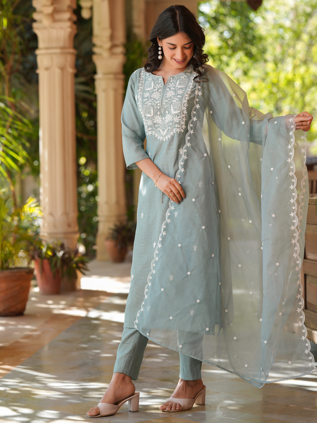 Naari By Shree Light Blue Silk Blend Embroidered Straight Kurta Set