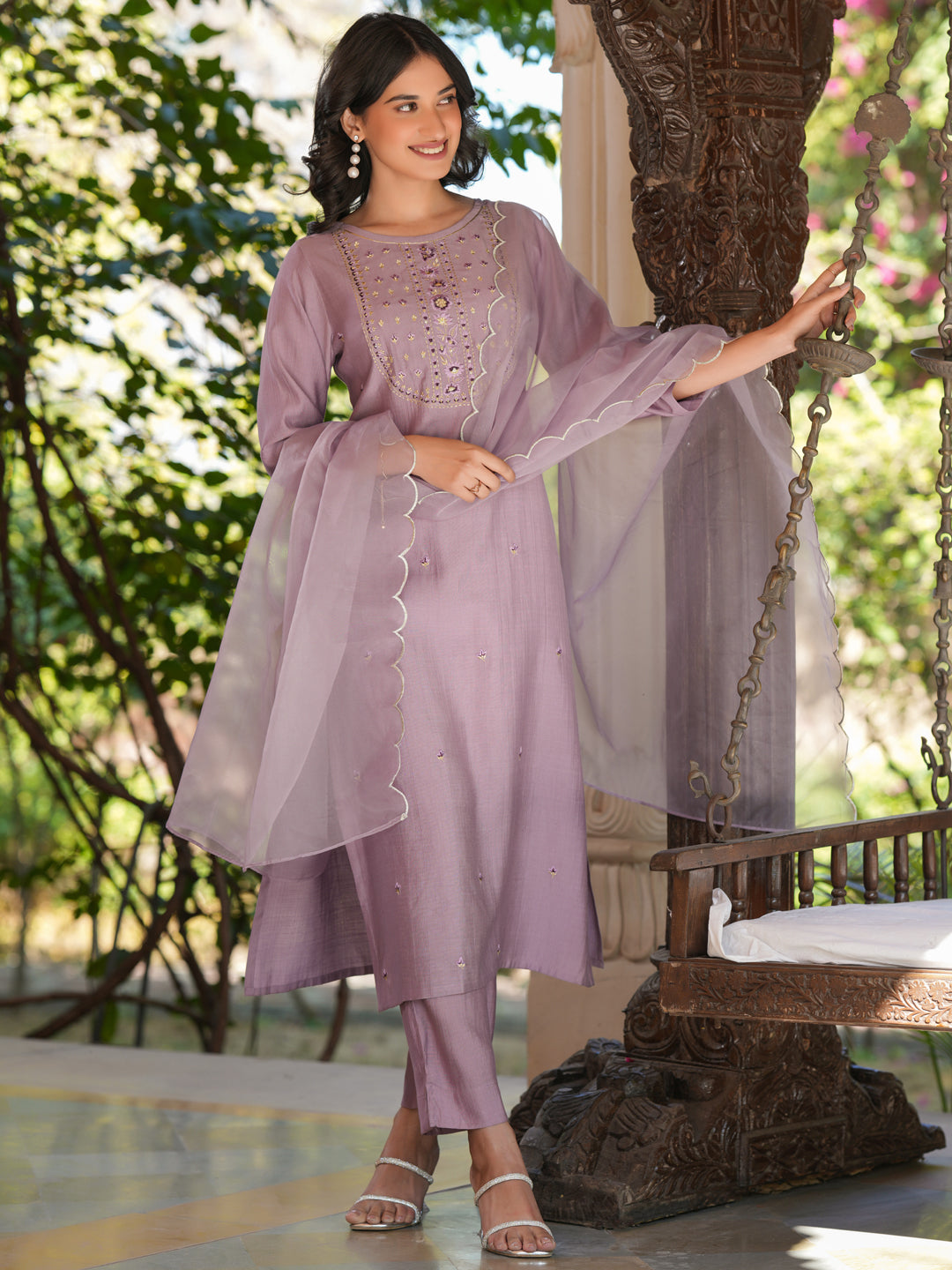 Naari By Shree Women's Lavender Silk Blend Embroidered Straight Kurta Set
