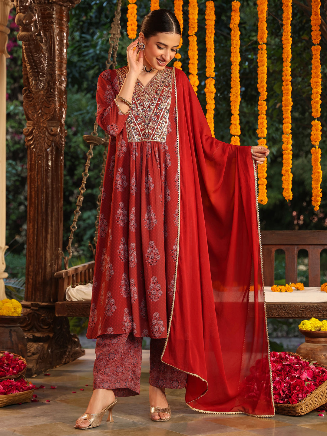 Naari By Shree Women's Maroon Georgette Yoke Embroidered Ajrakh Printed A line Kurta Set