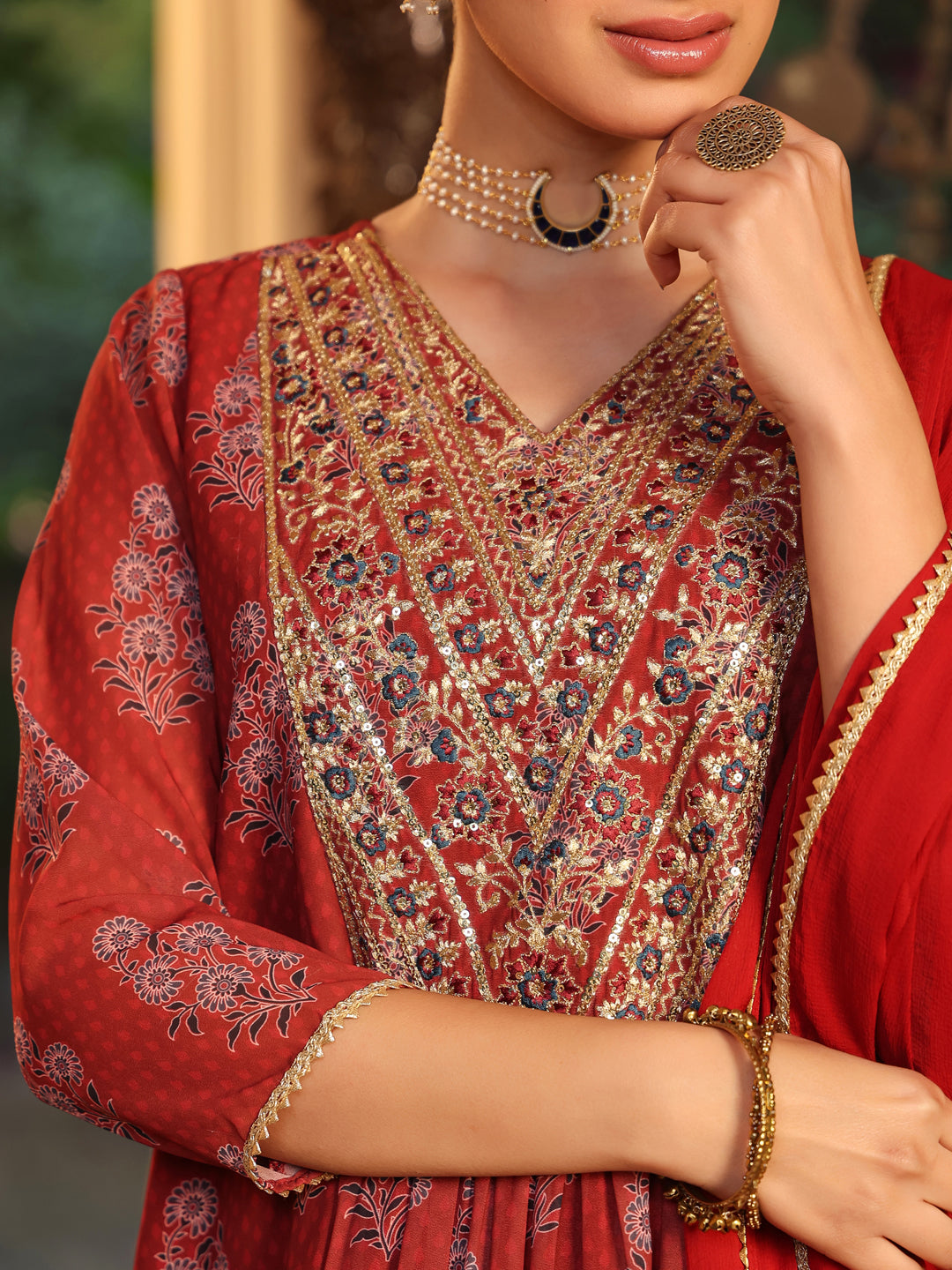 Naari By Shree Women's Maroon Georgette Yoke Embroidered Ajrakh Printed A line Kurta Set