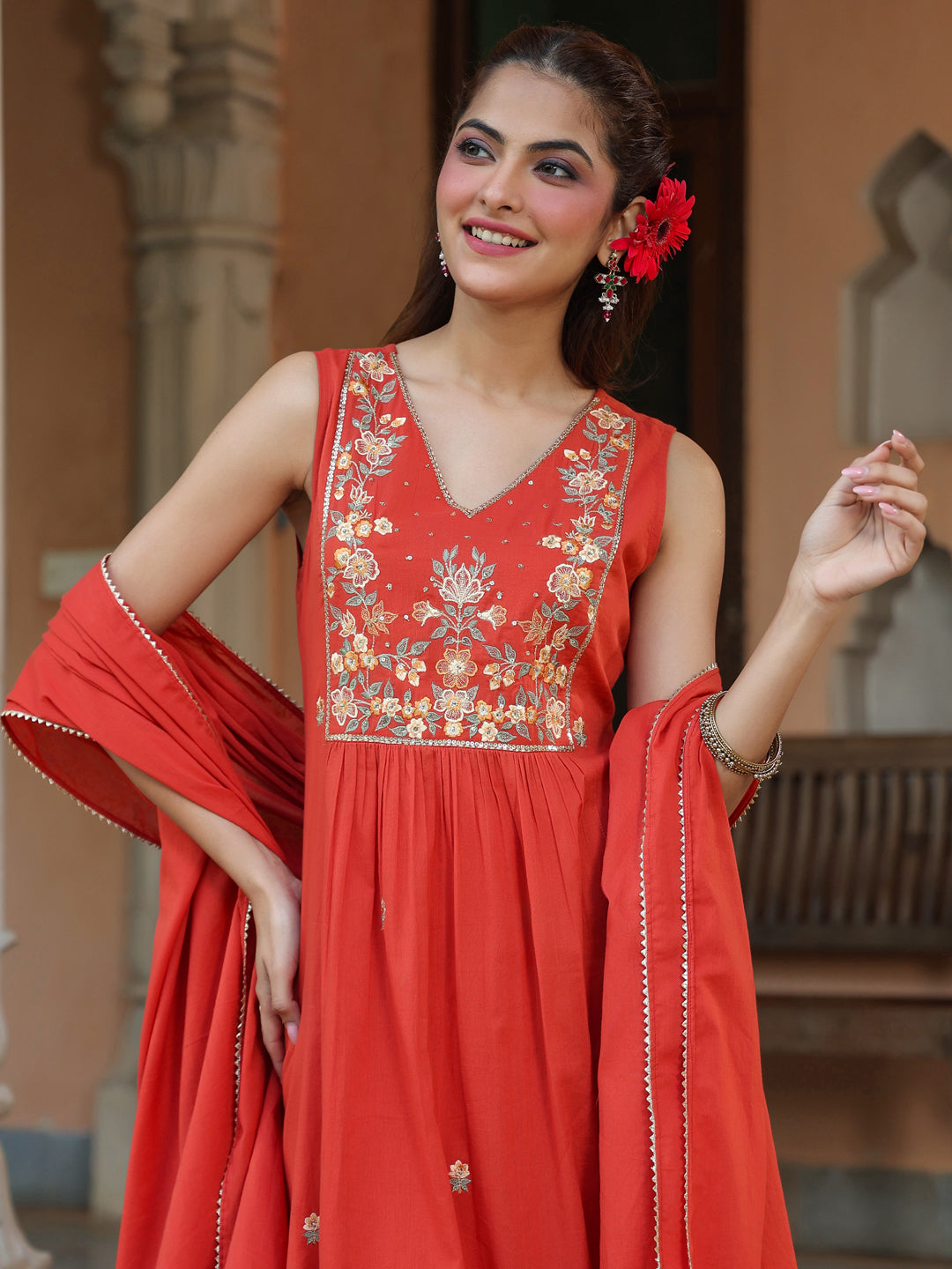 Naari By Shree Women's Rust Pure Cotton Embroidered A-line Kurta Set