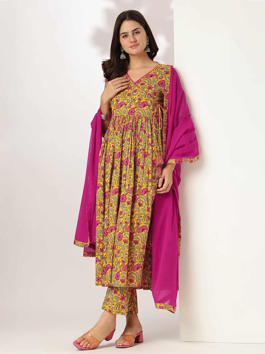 Naari By Shree Women's Yellow Pure Cotton Floral Printed Angrakha Kurta Set