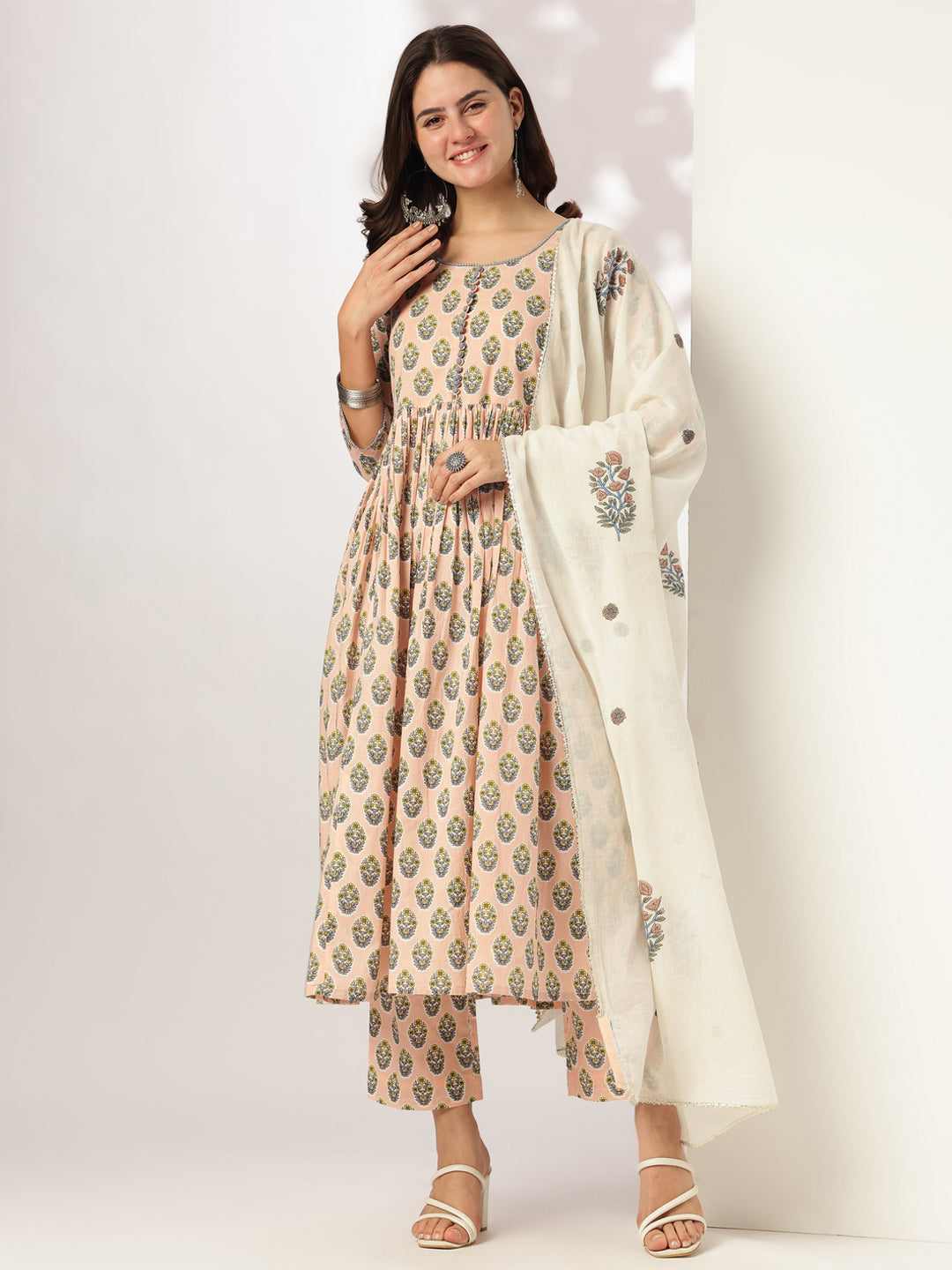 Naari By Shree Women's Peach Pure Cotton Floral Printed A-line Kurta Set
