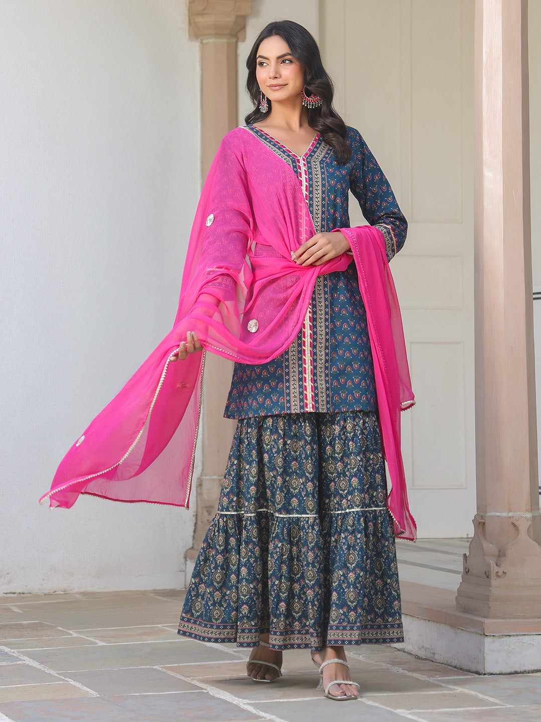 Naari By Shree Women's Dark Blue Pure Cotton Floral Printed Straight Kurta With Sharara & Dupatta Set