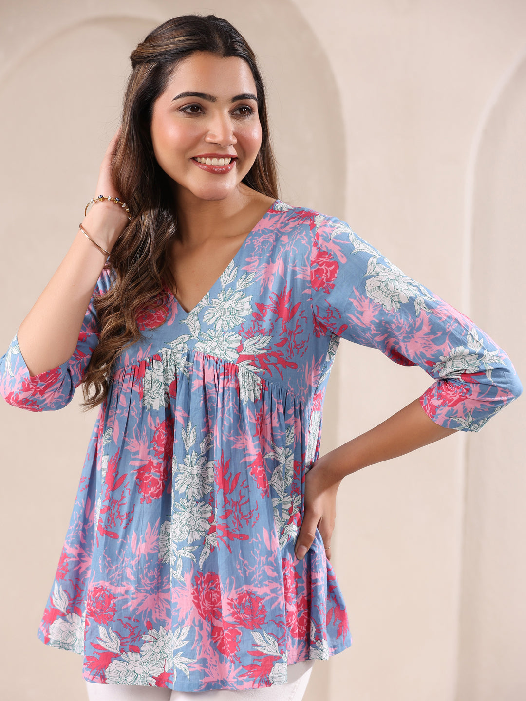Naari By Shree Women's Blue Pure Cotton Floral Printed A-line Top