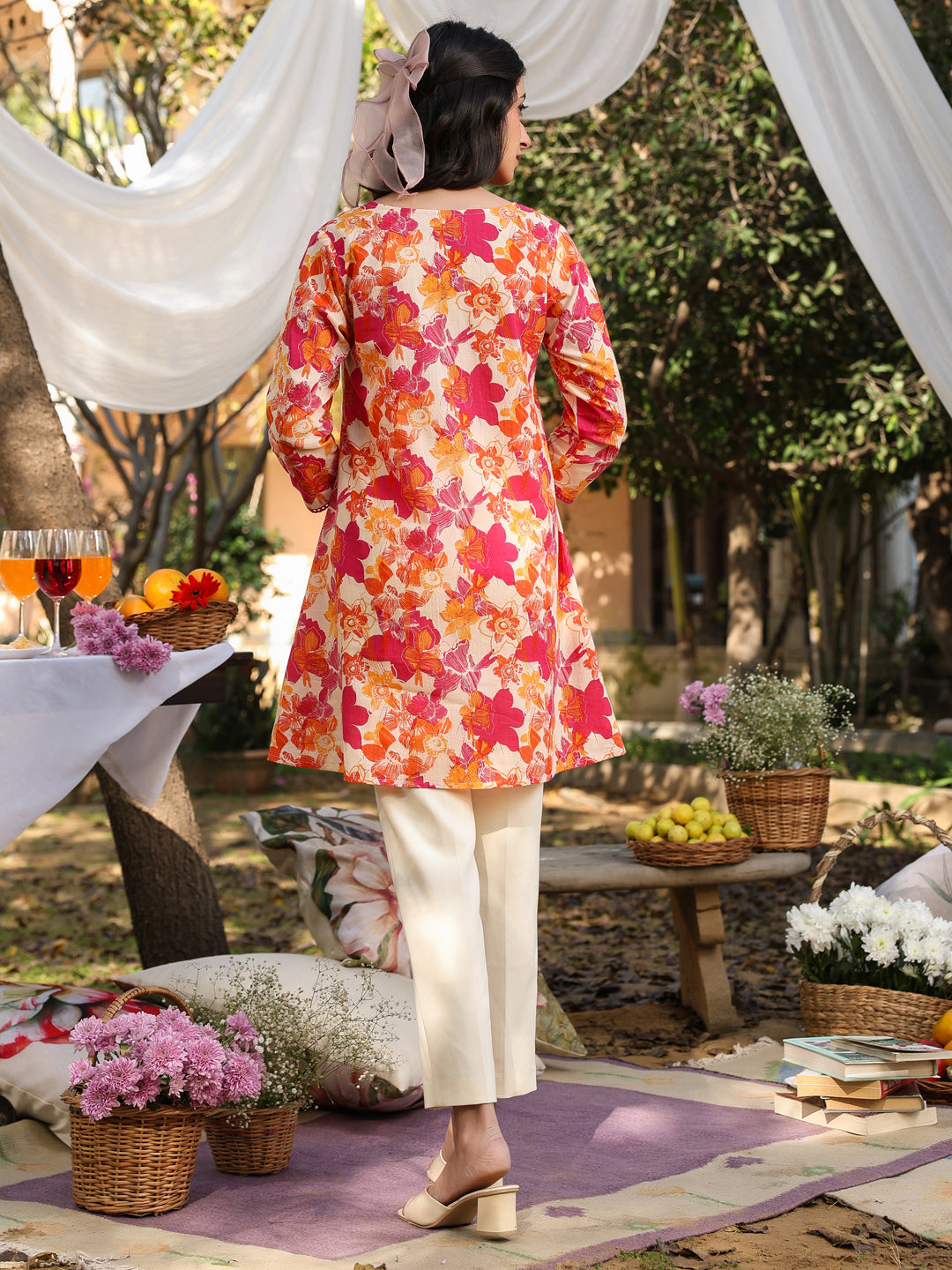 Naari By Shree Cream Pure Cotton Floral Printed A-Line Tunic