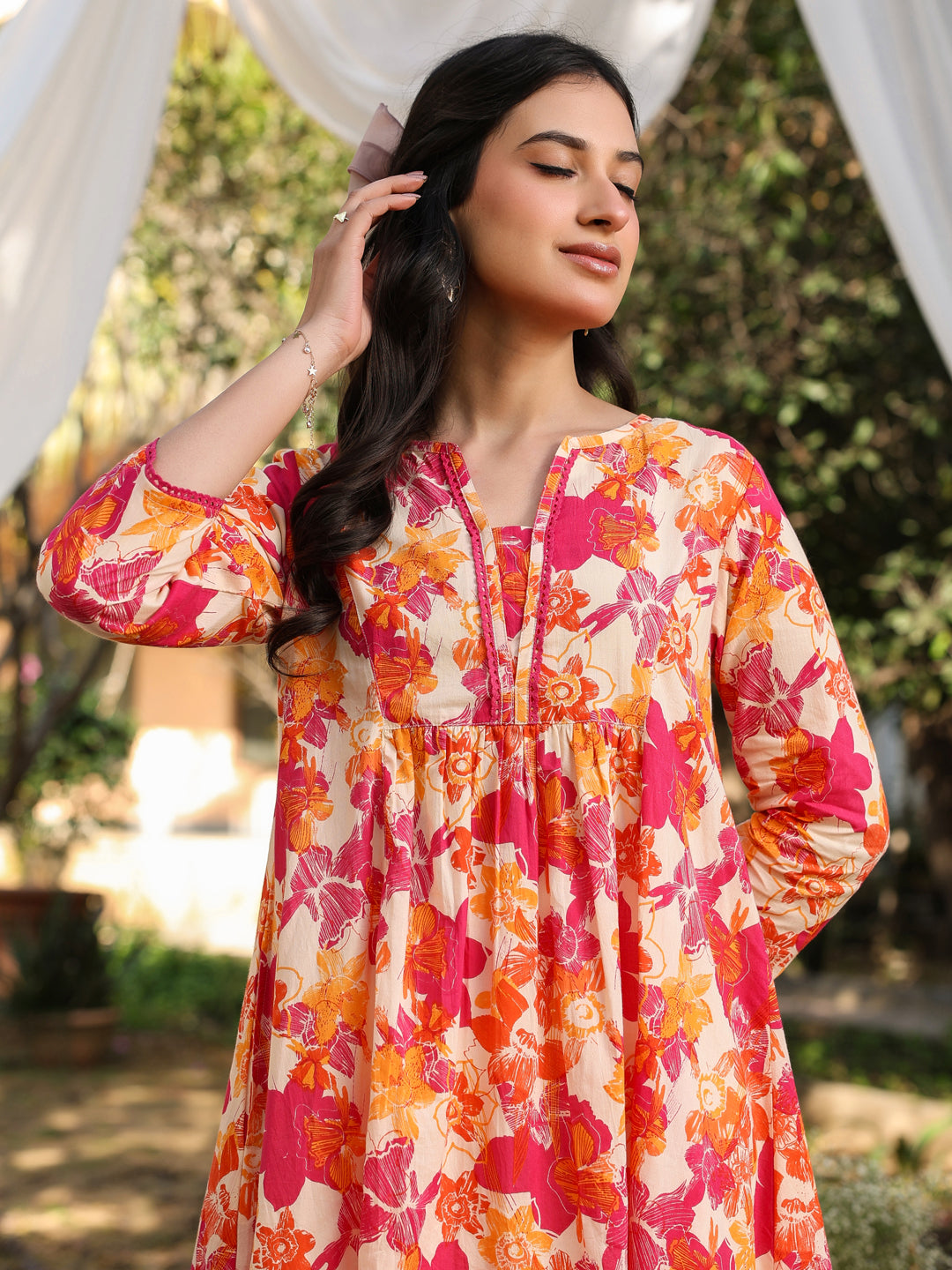 Naari By Shree Cream Pure Cotton Floral Printed A-Line Tunic