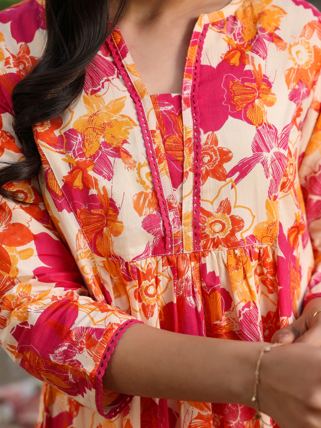 Naari By Shree Cream Pure Cotton Floral Printed A-Line Tunic