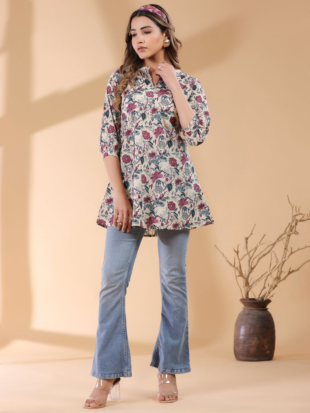 Naari By Shree Beige Pure Cotton Floral Printed Straight Tunic