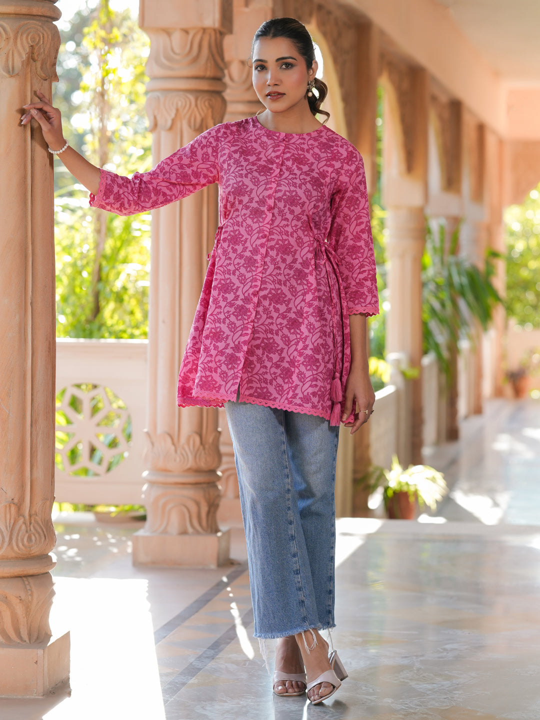 Naari By Shree Pink Pure Cotton Floral Printed A-line Tunic