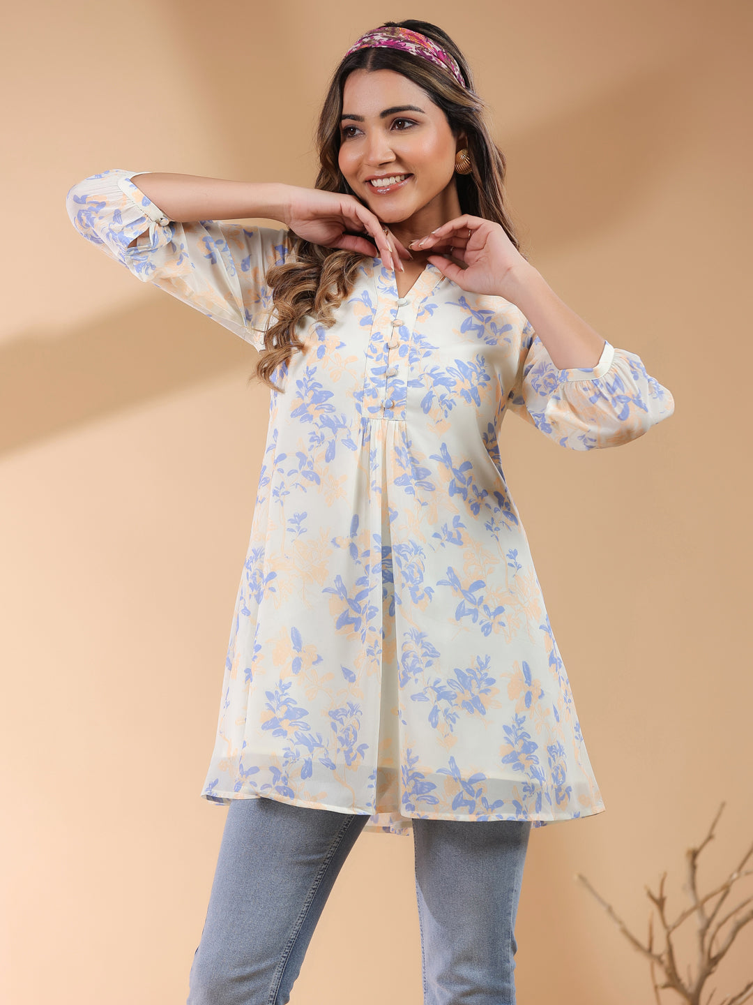 Naari By Shree Cream Georgette Floral Printed A-Line Tunic